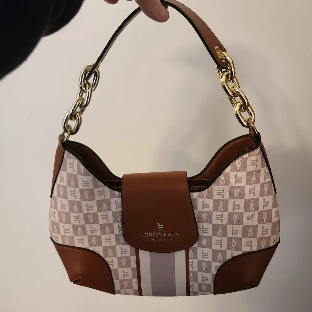London Fog Aryana Shoulder Bag Jacquard White, Pink and Brown NEW w/out tags